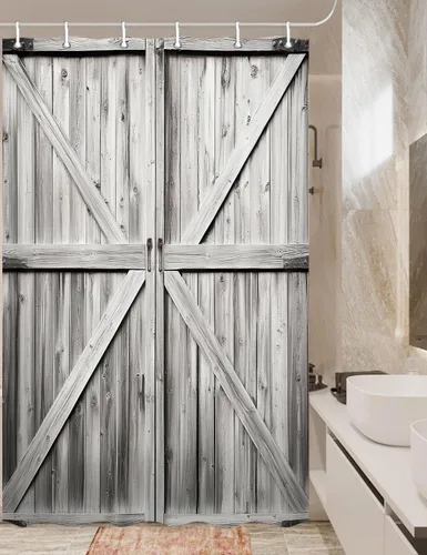 Vista 23 de JAWO Cortina de ducha rústica para puerta de granero, estilo occidental, para baño, tablero de madera marrón, tela impermeable de poliéster