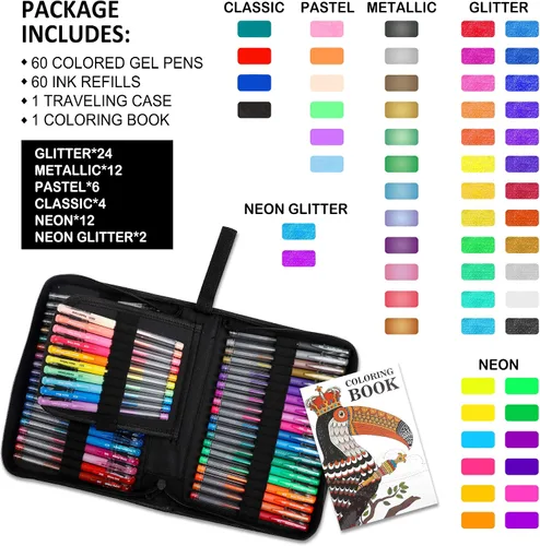 Vista 2 de Lelix Bolígrafos de gel, paquete de 120 bolígrafos de gel, 60 colores únicos con 60 recambios para adultos, libros de colorear, dibujo, garabatos