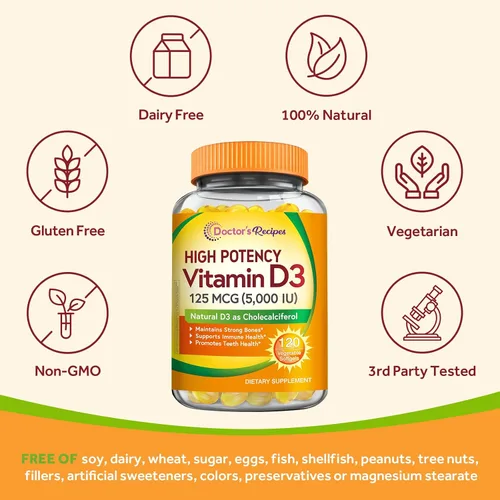 Vista 4 de Doctor's Recipes Vitamina D3 5000IU, apoyo inmunológico para huesos, dientes y función inmunológica, sin OMG, sin gelatina, gluten o soja, 120