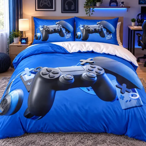 Vista 15 de Juego de funda de edredón de tamaño individual con estampado 3D de Gamepad azul para niños, fundas de edredón y fundas de almohada para dormitorio