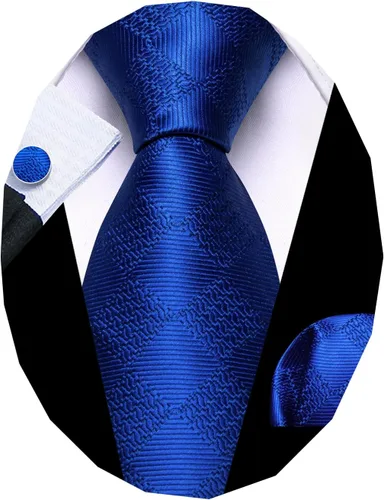 Vista 177 de Barry.Wang Juego de corbatas a cuadros para hombre con pañuelo gemelos de rayas clásicas
