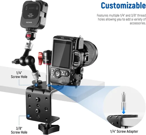 Vista 2 de NEEWER Abrazadera C resistente con columna de montaje para soporte de luz, abrazadera de escritorio de metal ajustable con tornillos de 1/4" 3/8