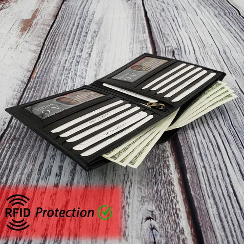 Vista 3 de ag wallets Cartera europea plegable de cuero genuino RFID para hombre Hipster 2 ventanas de identificación