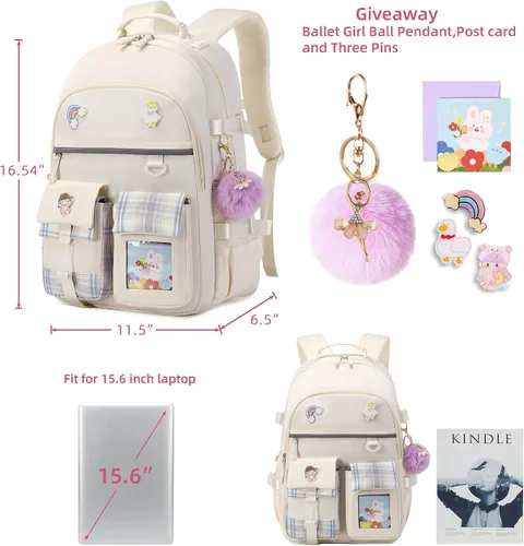 Vista 9 de Mochila para niñas de 15.6 pulgadas para laptop, bolsa escolar para niños de primaria y universidad, mochilas y bolsos escolares para niñas Beige