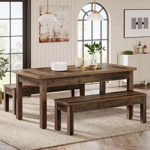 Vista 10 de Tribesigns Juego de Mesa de Cocina de Granja para 4-6, Mesa de Comedor de Madera de 55 Pulgadas con 2 Bancos, Juego de Comedor de 3 Piezas