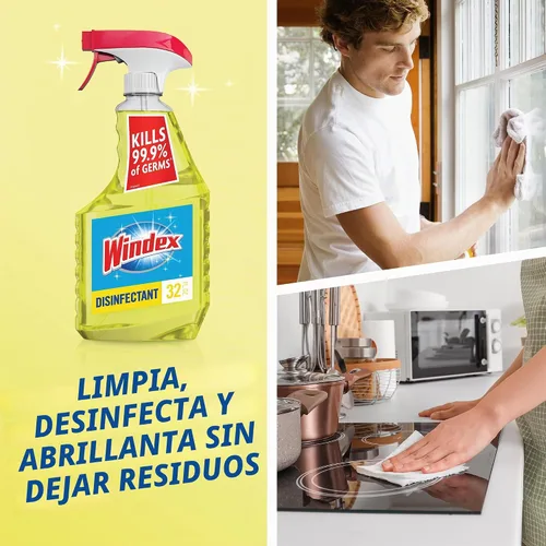 Vista 4 de Windex Refill - Spray desinfectante limpiador multiusos, botella hecha de plástico 100% reciclado, aerosol de limpieza de superficies, aroma cítrico
