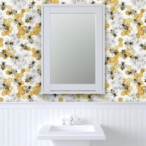 Vista 9 de Spoonflower Muestro de papel tapiz extraíble - Abejas de miel Especies en peligro de extinción Animales Flores de abeja Panal Insectos blancos Papel