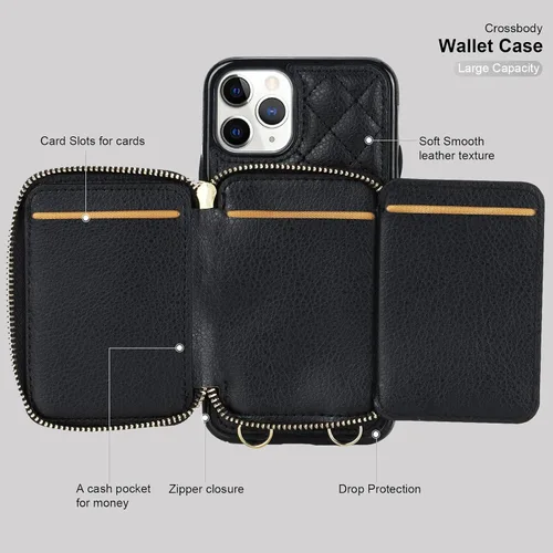 Vista 8 de Bocasal - Funda tipo cartera cruzada para iPhone 11 Pro, color negro RFID Blocking PU Leather Zipper Handbag Purse, Kickstand Flip Folio Case with