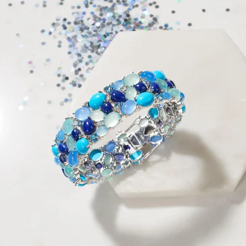 Vista 3 de Ross-Simons 61.30 ct. t.w. White and Tonal Blue Multi-Gemstone Cluster Bracelet in Sterling Silver