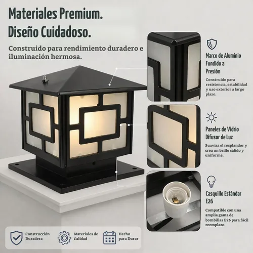 Vista 4 de Luz de poste al aire libre, moderna lámpara de pilar de vidrio de aluminio para postes de puerta y columnas, lámpara de montaje en muelle exterior