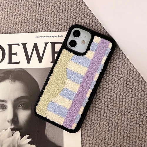 Vista 7 de Funda estética a cuadros compatible con iPhone 12 y iPhone 12 Pro, funda de alfombra mullida con bordado retro a cuadros para iPhone 12/12 Pro