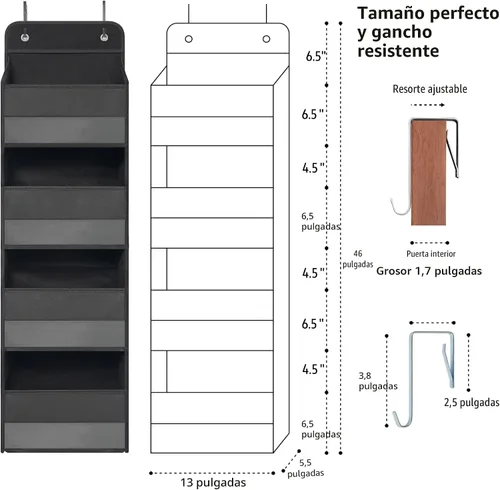Vista 3 de TYMENSH Organizador colgante sobre la puerta con 4 bolsillos grandes: armario, baño, guardería, dormitorio, almacenamiento para juguetes, cosméticos