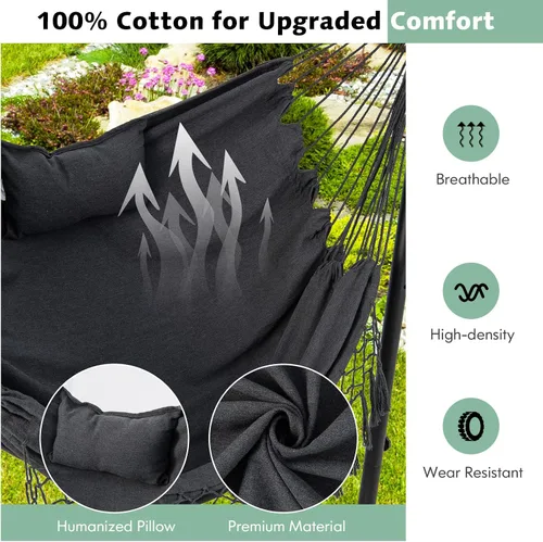 Vista 5 de Tangkula Silla hamaca con soporte, estilo bohemio macramé con soporte, soporte para teléfono celular, silla colgante ajustable en altura