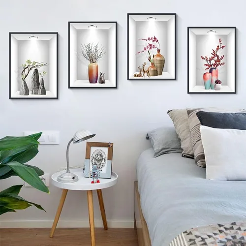 Vista 3 de Calcomanías de pared 3D para florero, flores de simulación, calcomanías de pared extraíbles para decoración del hogar, sala de estar, oficina