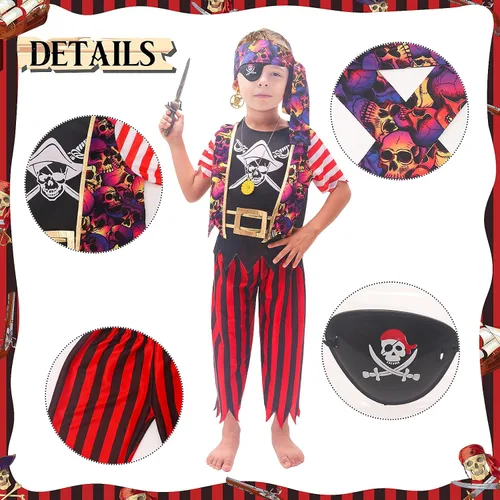 Vista 3 de FUNCREVITY Disfraz de pirata para niños, abrigo, pantalones, sombrero con accesorios, juego de lujo para fiesta pirata, cosplay de pirata