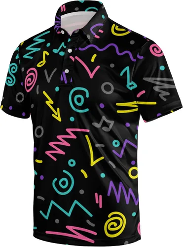 Vista 45 de Camisa de golf de los años 80 para hombre, ajuste seco, manga corta, estampada, divertidas, camisas de golf de los años 90 para hombre