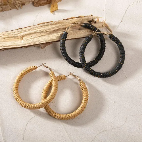 Vista 5 de Aretes de ratán hechos a mano, diseño circular de mimbre trenzado, diseño de mimbre de paja trenzada, estilo bohemio, aretes de gota de verano