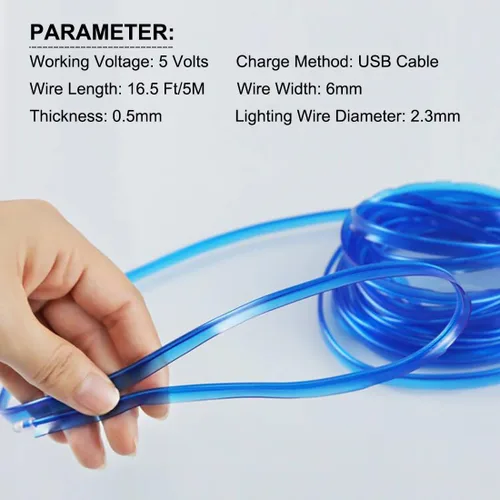 Vista 7 de Tira de luces LED de alambre EL para interior del automóvil, tira de cable USB de neón brillante estroboscópico de 16.5 pies con borde de costura