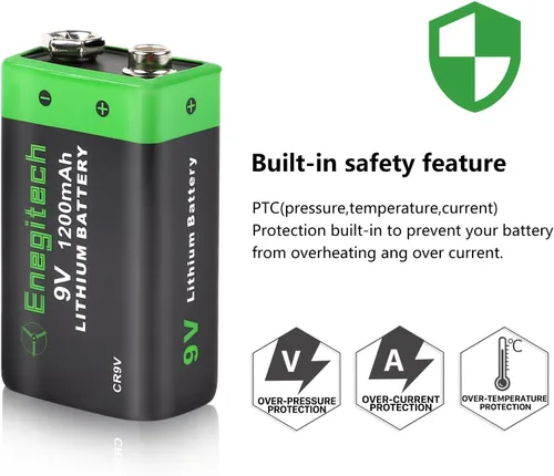 Vista 4 de Enegitech Batería de litio de 9 V, batería de 9 voltios, 1200 mAh, no recargable para detector de humo, alarma de incendios, detector de monóxido