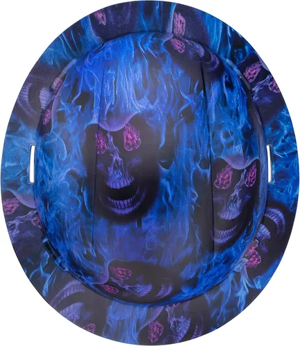 Vista 7 de Casco duro OSHA de ala completa sin ventilación con diseño de tatuaje/calavera con acabado mate con suspensión de 6 puntos