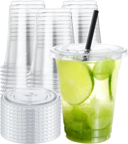 Vista 8 de NEEBAKE 150 Juegos de Vasos de Plástico Desechables de 9 oz con Tapas - Vasos Transparentes para Beber, Vasos de Plástico para Café Helado, Batidos