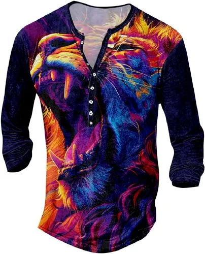 Vista 17 de MARSVOVO Camisetas Henley para hombre, camisetas gráficas artísticas, cuello en V, sin cuello, manga larga, casual, ajustadas, camisas