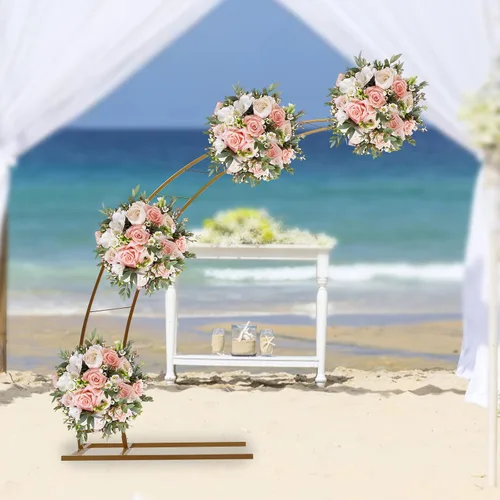 Vista 4 de Arco de boda dorado de luna creciente de 6.5 pies, diseño curvado de metal, soporte de telón de fondo para fotografía, marco de globo de flores