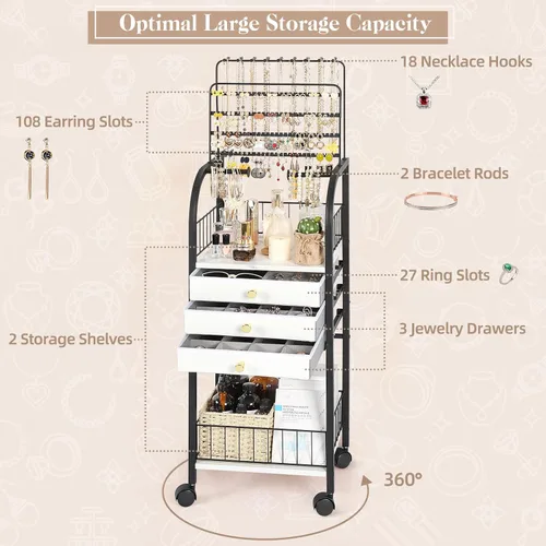 Vista 6 de Keebofly Organizador de joyas, soporte grande para joyas con 3 cajones para joyas, organizador de collares, aretes, armario de joyería con pantalla