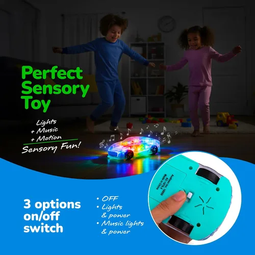 Vista 3 de ArtCreativity Juguete sensorial transparente con luz para niños, 1 unidad, auto de juguete con engranajes móviles coloridos, música y efectos LED