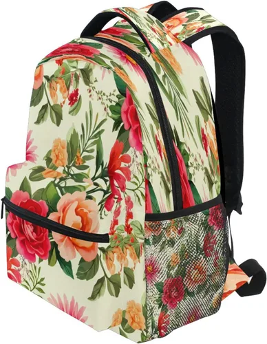 Vista 3 de Mochila escolar floral vintage, bolsa atlética para laptop para estudiantes, mochila con bolsillos laterales para viajes, senderismo, campamento
