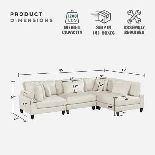 Vista 2 de Lexicon Sofá modular de 120 pulgadas, sofá modular de microfibra de gran tamaño de 4 plazas en forma de L, 6 almohadas decorativas y arreglo Beige