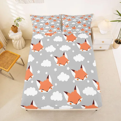 Vista 3 de Erosebridal Juego de ropa de cama de zorro para niños, sábana bajera ajustable de zorro de dibujos animados para niños y niñas, decoración