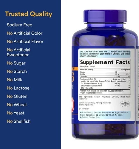 Vista 6 de Puritan's Pride Aceite de pescado omega-3 de triple fuerza 1400 mg, Omega-3 activo 950 mg, suplemento dietético para apoyo de la salud cardíaca