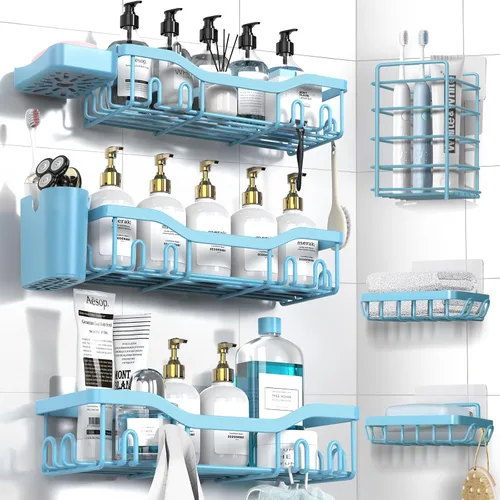 Vista 20 de NESOMI Organizador de Ducha Adhesivo Juego de 7 Piezas, Estantes de Baño de Acero Inoxidable a Prueba de Óxido, Accesorios de Almacenamiento sin