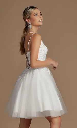 Vista 2 de Modesto encaje con cuentas de tul vestidos de regreso a casa corto cuello cuadrado vestido de fiesta de tirantes delgados vestido de fiesta