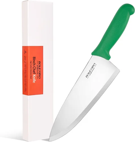 Vista 12 de Cuchillo de chef japonés de acero inoxidable de alto carbono de 8 pulgadas, cuchillo de cocina profesional extra afilado y ancho con mango
