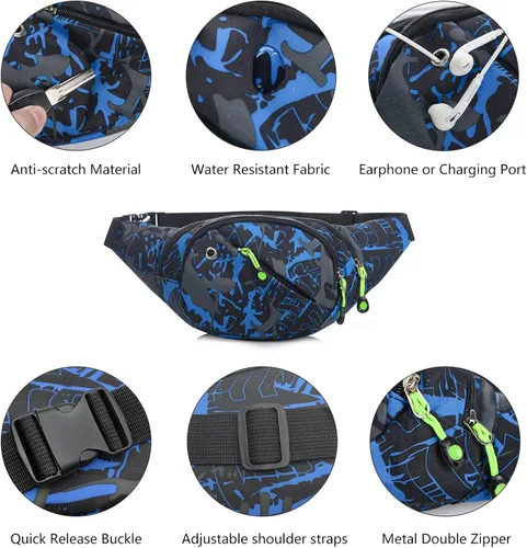 Vista 5 de Riñonera para hombres y mujeres, multifunción, resistente al agua, cinturón ajustable, para caminar y correr, Azul Patchwork, Clásico