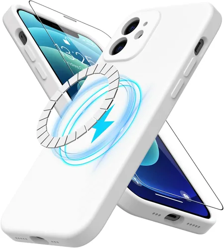 Vista 16 de DEENAKIN Funda magnética de silicona para iPhone 12 Pro con protector de pantalla, compatible con MagSafe, protección de cámara, funda protectora