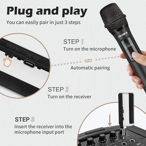 Vista 8 de talomen Micrófonos inalámbricos, micrófono dual profesional de karaoke para cantar, sistema de micrófono dinámico inalámbrico de mano con receptor