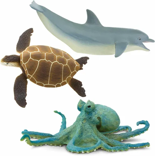 Vista 4 de Safari Ltd. Juego de juguetes de animales marinos - Figuras de gran blanco, delfín, tortuga, pulpo y orca - Set de juego para niños, niñas y niños