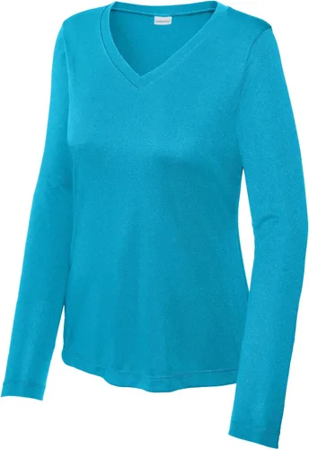 Vista 4 de Sport-Tek señoras cuello en V playera > orquídea rosa Azul atómico