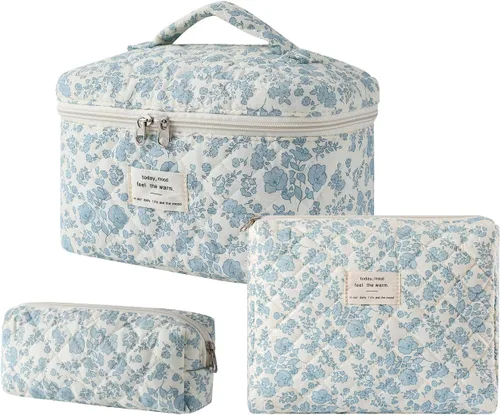 Vista 10 de uekeboag - Bolsa de maquillaje grande de viaje acolchada para mujer, neceser de algodón con estampado floral, neceser con estampado floral
