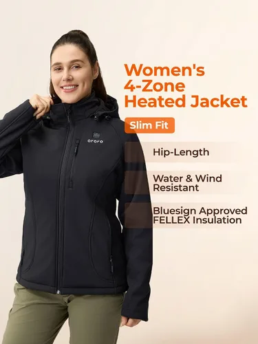 Vista 6 de Ororo - Chaqueta para mujer, calefaccionada y ajustada con capucha desmontable y batería