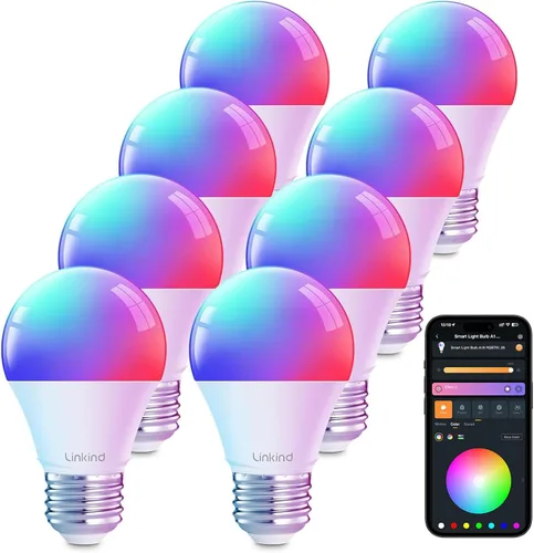 Vista 12 de Linkind Bombillas inteligentes WiFi, bombilla de luz Alexa que funciona con Alexa, Google Home, bombilla RGBTW de cambio de color de 16 millones
