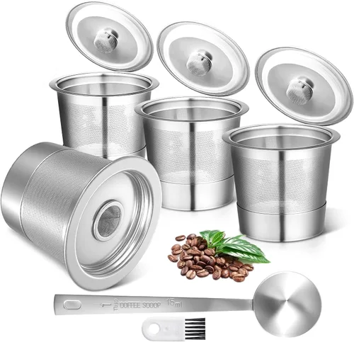 Vista 8 de Paquete de 2 tazas K reutilizables para Keurig 1.0 – Cápsulas de café reutilizables de acero inoxidable K Cup con cuchara de metal, cepillo y 4