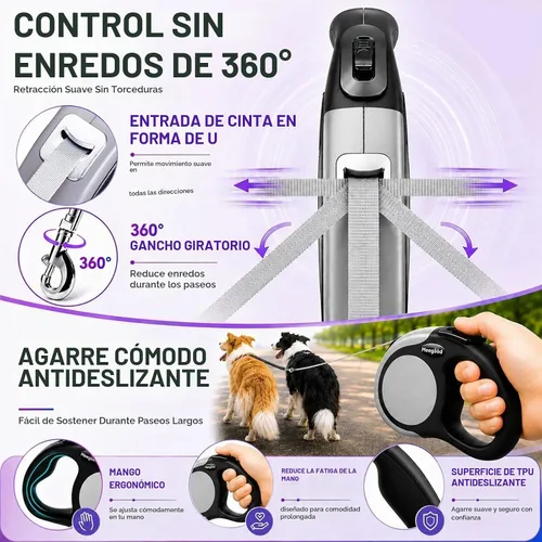 Vista 4 de Correa doble retráctil para perros de hasta 115 libras – 18.6 pies de correa de acoplamiento para perros pequeños y medianos – un sistema de Gris