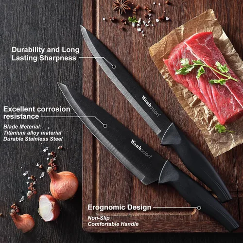 Vista 4 de Wanbasion Juego de cuchillos de cocina profesional negro, de acero inoxidable, apto para lavavajillas con fundas