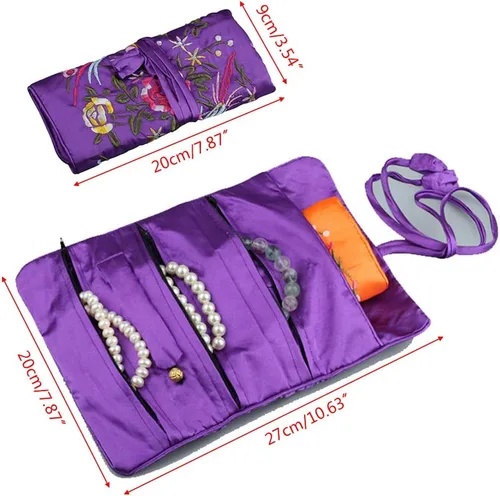 Vista 2 de Bolsa organizadora de joyas de seda oriental, estuche de almacenamiento de viaje, color rosa intenso
