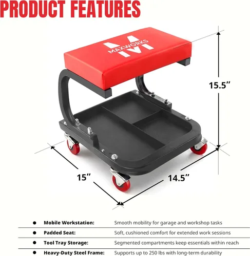 Vista 2 de MaxWorks Mecanics - Asiento rodante resistente con capacidad de 250 libras, con asiento acolchado y bandeja de herramientas de 3 secciones