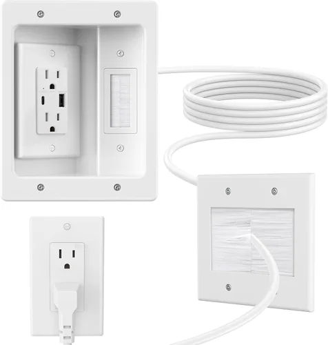 Vista 10 de Kit de organización de cables de pared con placa de pared de cepillo, salidas de CA y puertos USB, cable de 9 pies, toma de pared empotrada